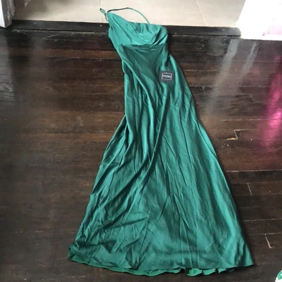 Ieena for Mac Duggal one shoulder satin gown emerald green festive party 6 NWT - Picture 4 of 9
